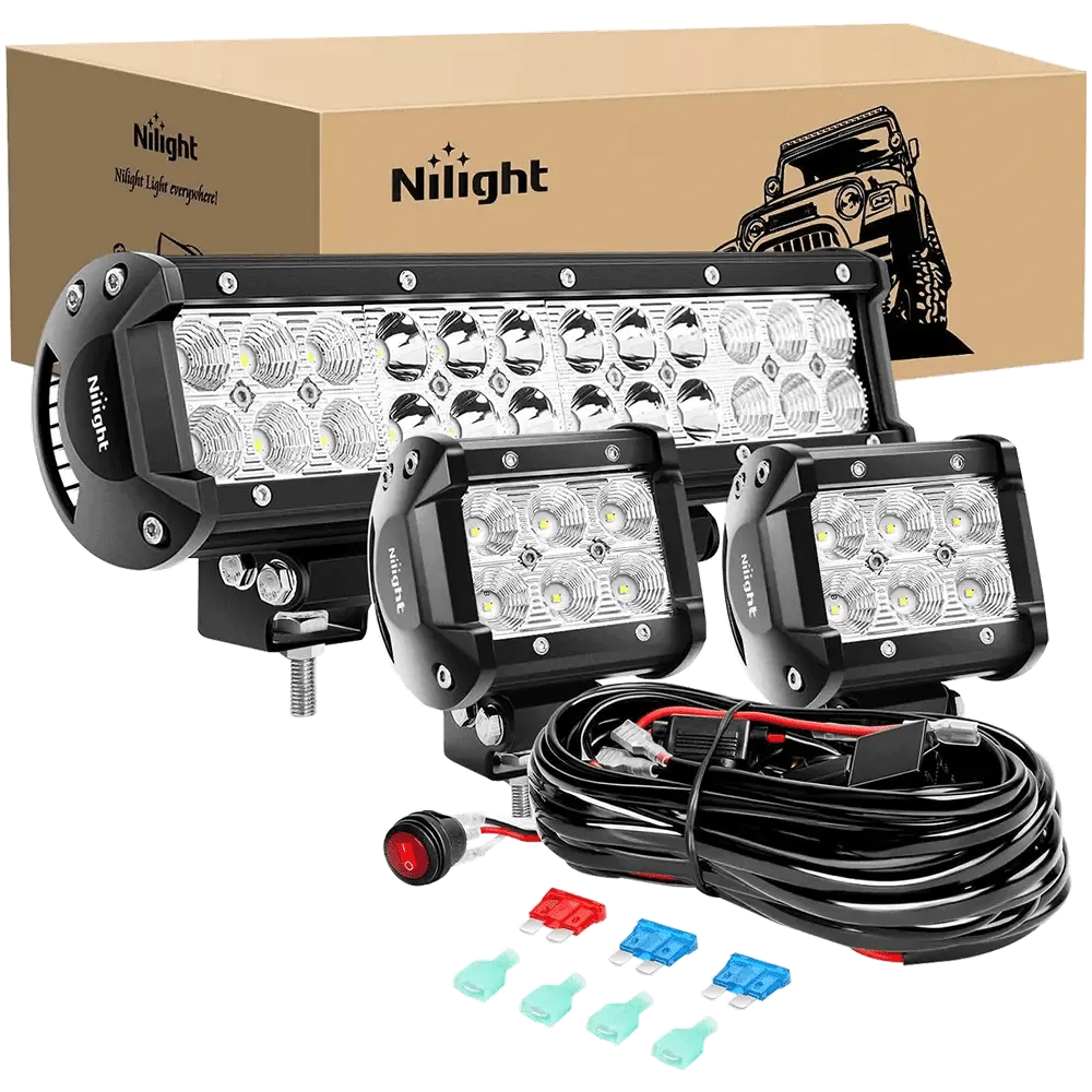 12 Inch 72W Double Row Spot Flood Led Light Bar | 4 Inch 18W Flood LED Pods (Pair) | 10FT Wire 3Pin Switch