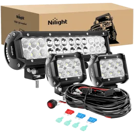 12 Inch 72W Double Row Spot Flood Led Light Bar | 4 Inch 18W Flood LED Pods (Pair) | 10FT Wire 3Pin Switch