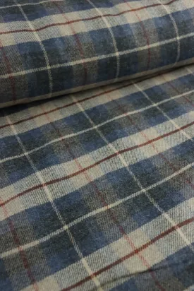1YD 22IN REMNANT; Denim & Light Taupe Plaid Mid-Weight Woven Wool