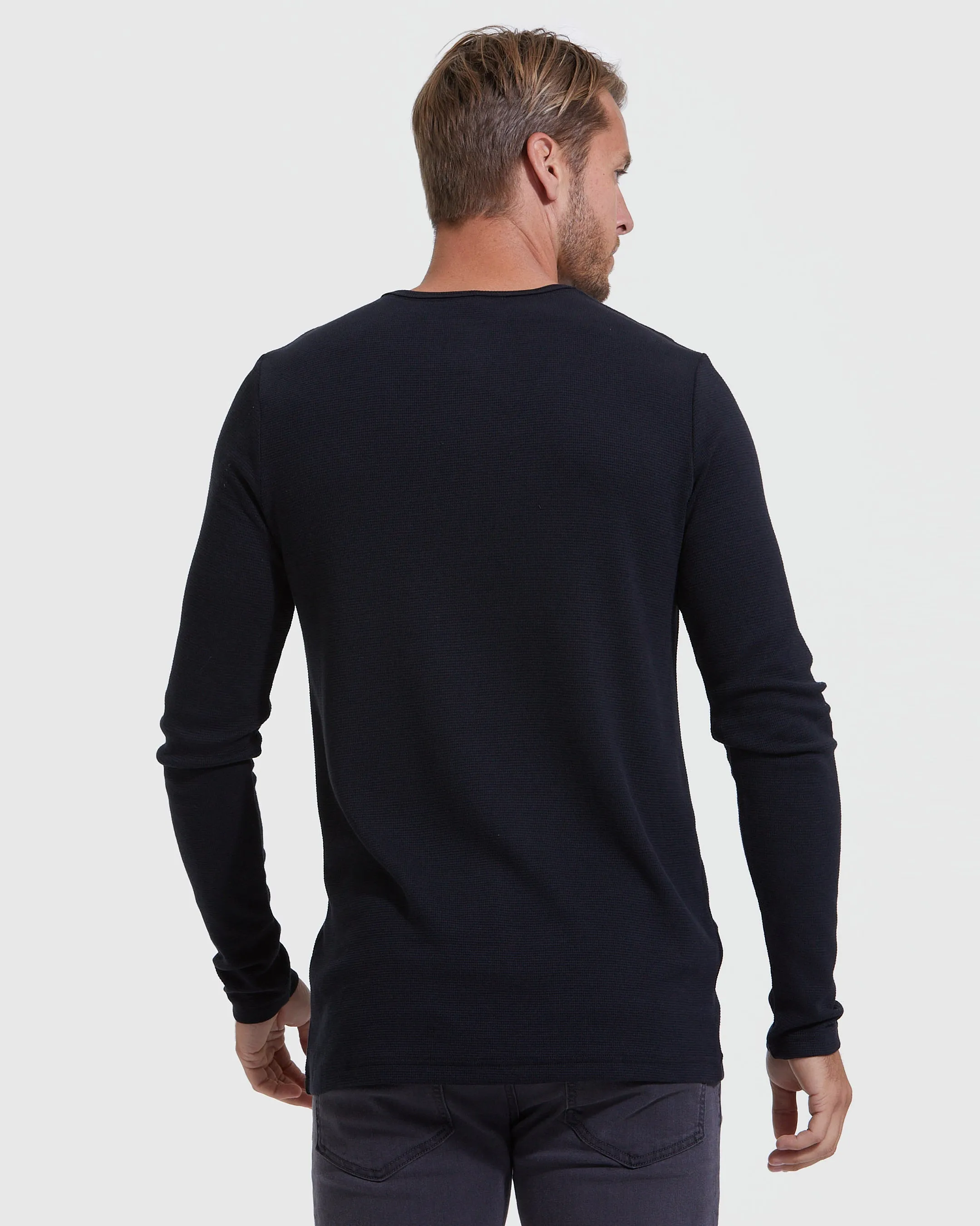 All Black Waffle Long Sleeve Henley 6-Pack