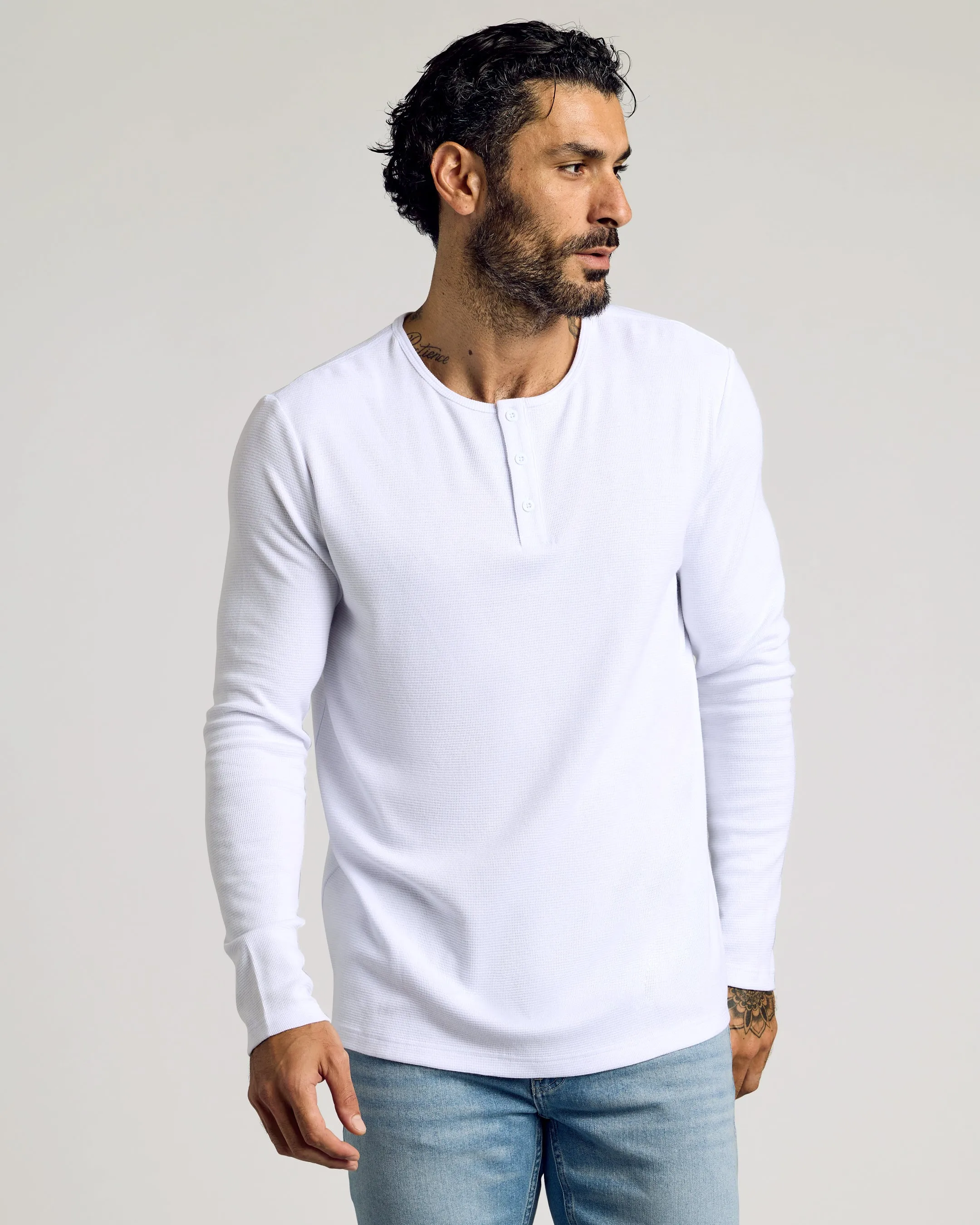All White Waffle Long Sleeve Henley 6-Pack