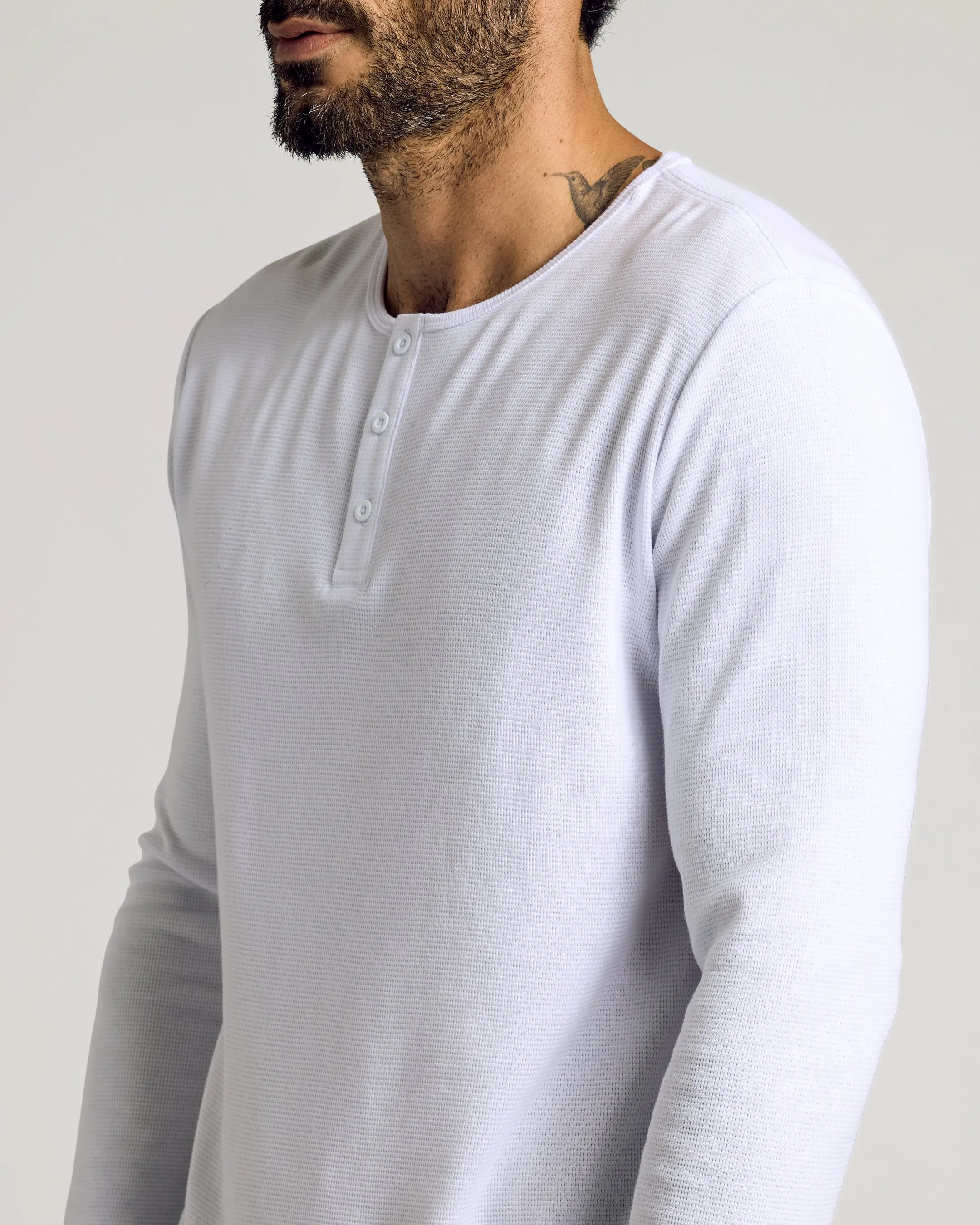 All White Waffle Long Sleeve Henley 6-Pack