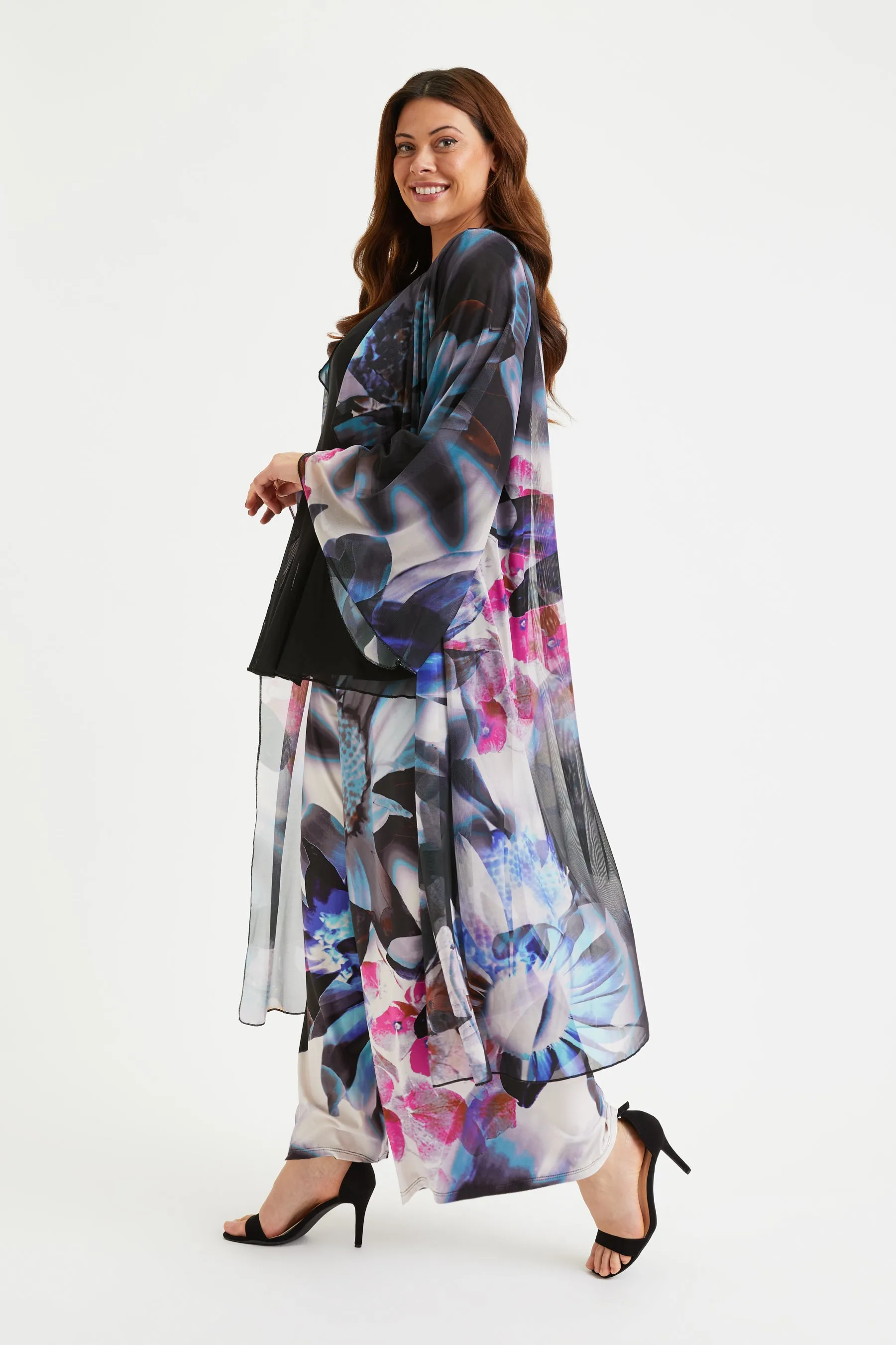 Black Pink White Waterfall Long Mesh Kimono