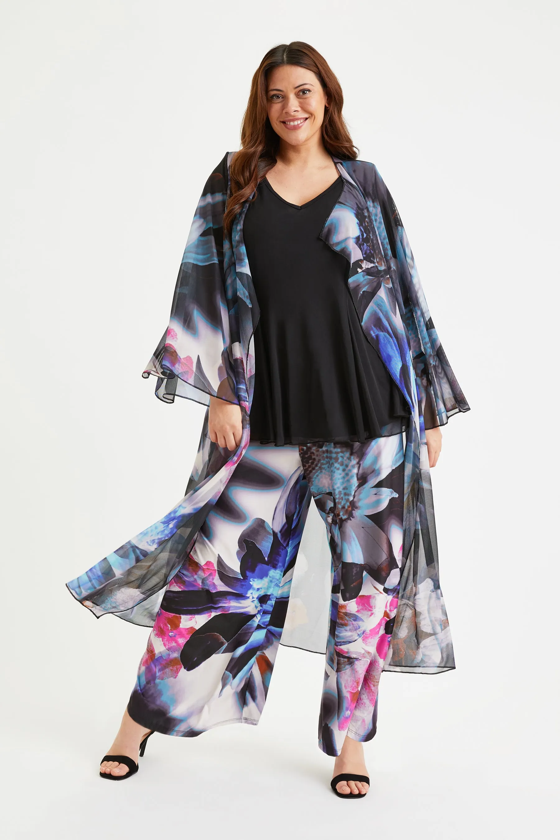 Black Pink White Waterfall Long Mesh Kimono