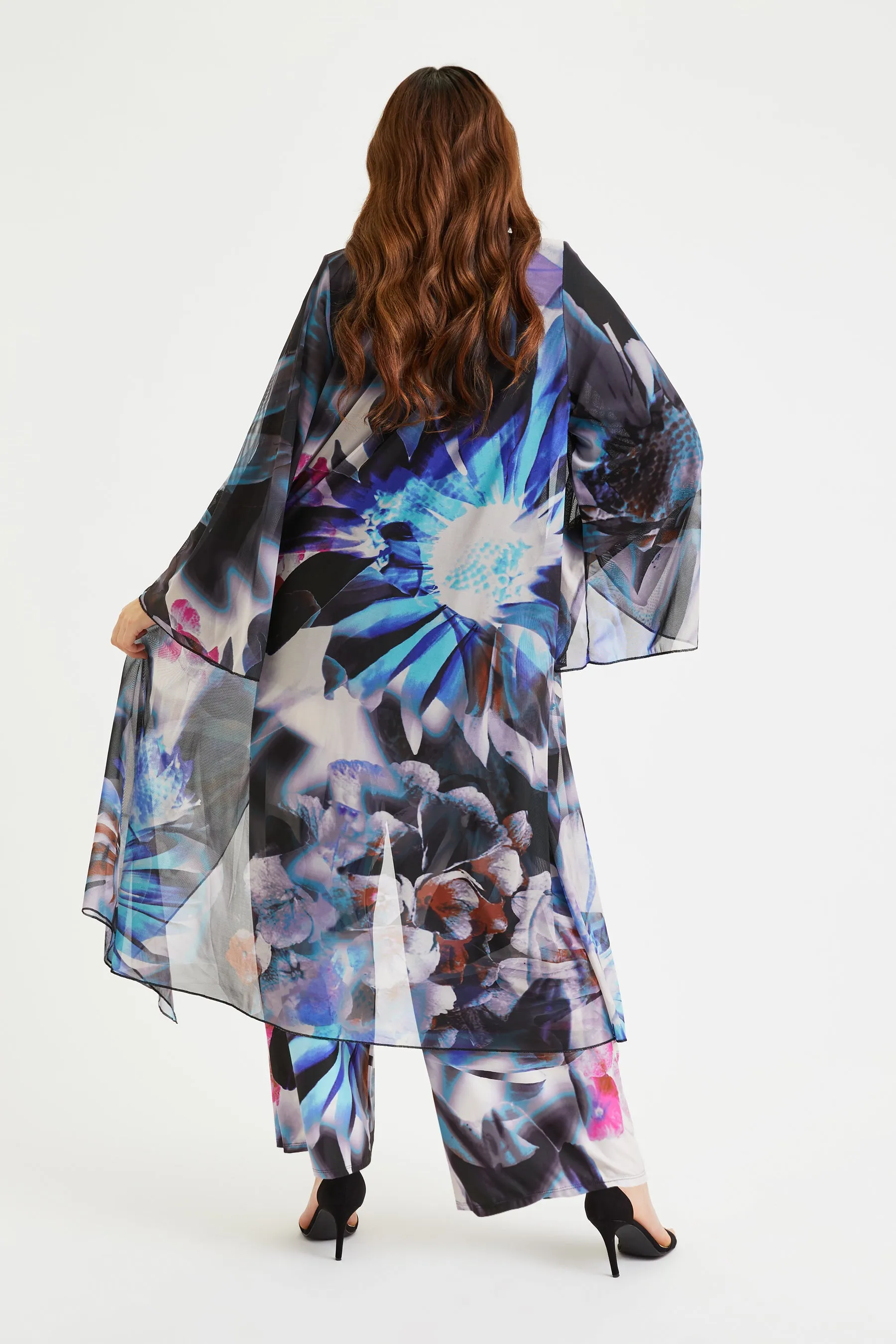 Black Pink White Waterfall Long Mesh Kimono