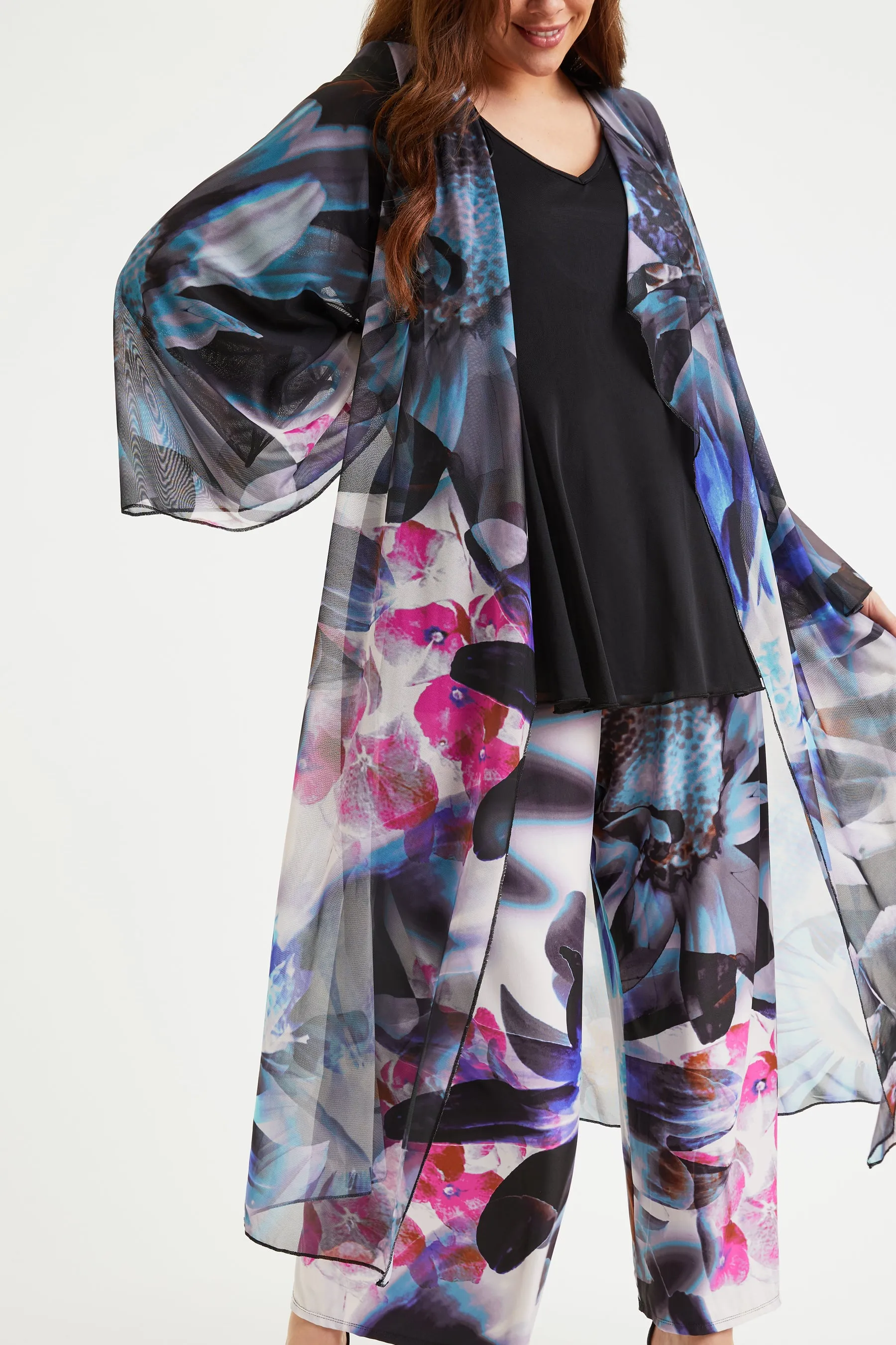Black Pink White Waterfall Long Mesh Kimono