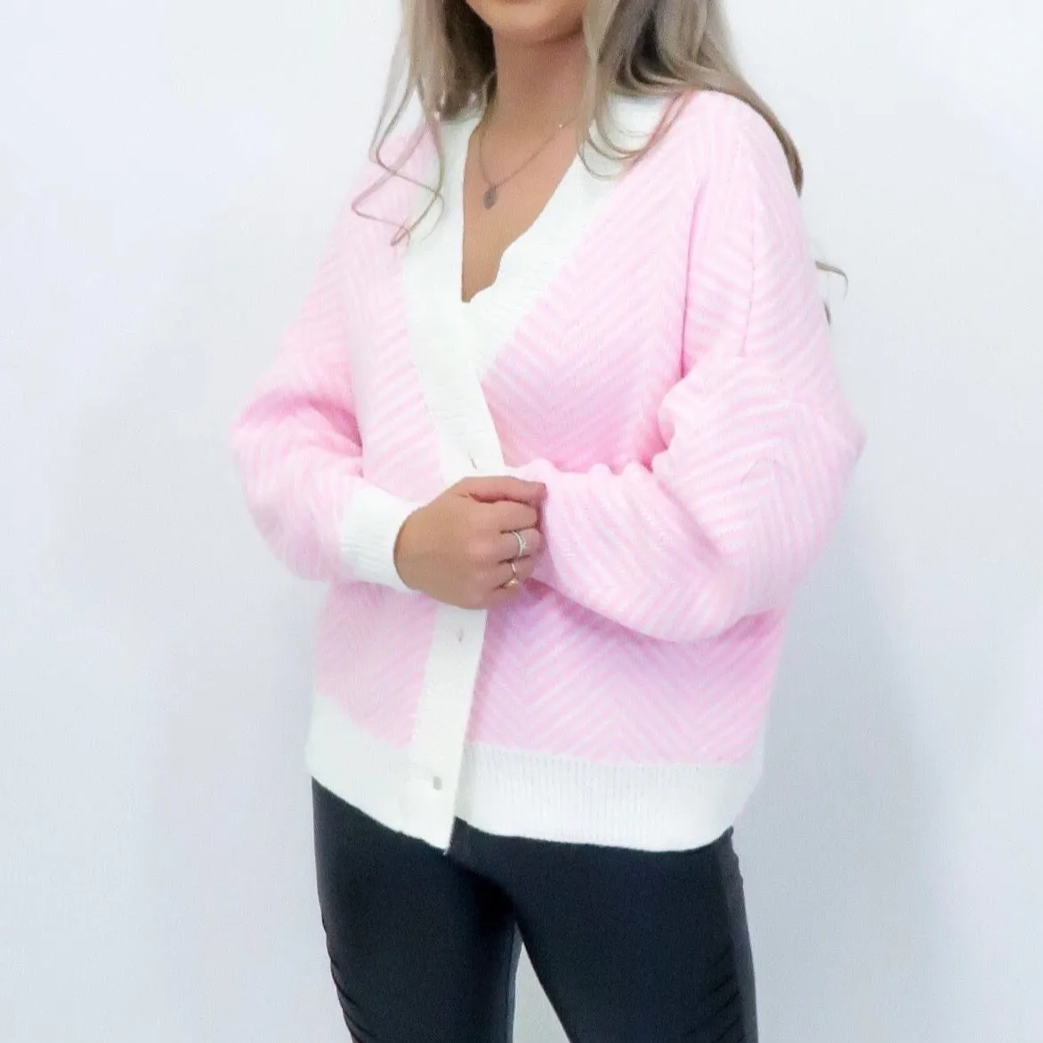 Bonnie Pink Striped Pattern Button Front Long Sleeved Oversized Knitted Cardigan