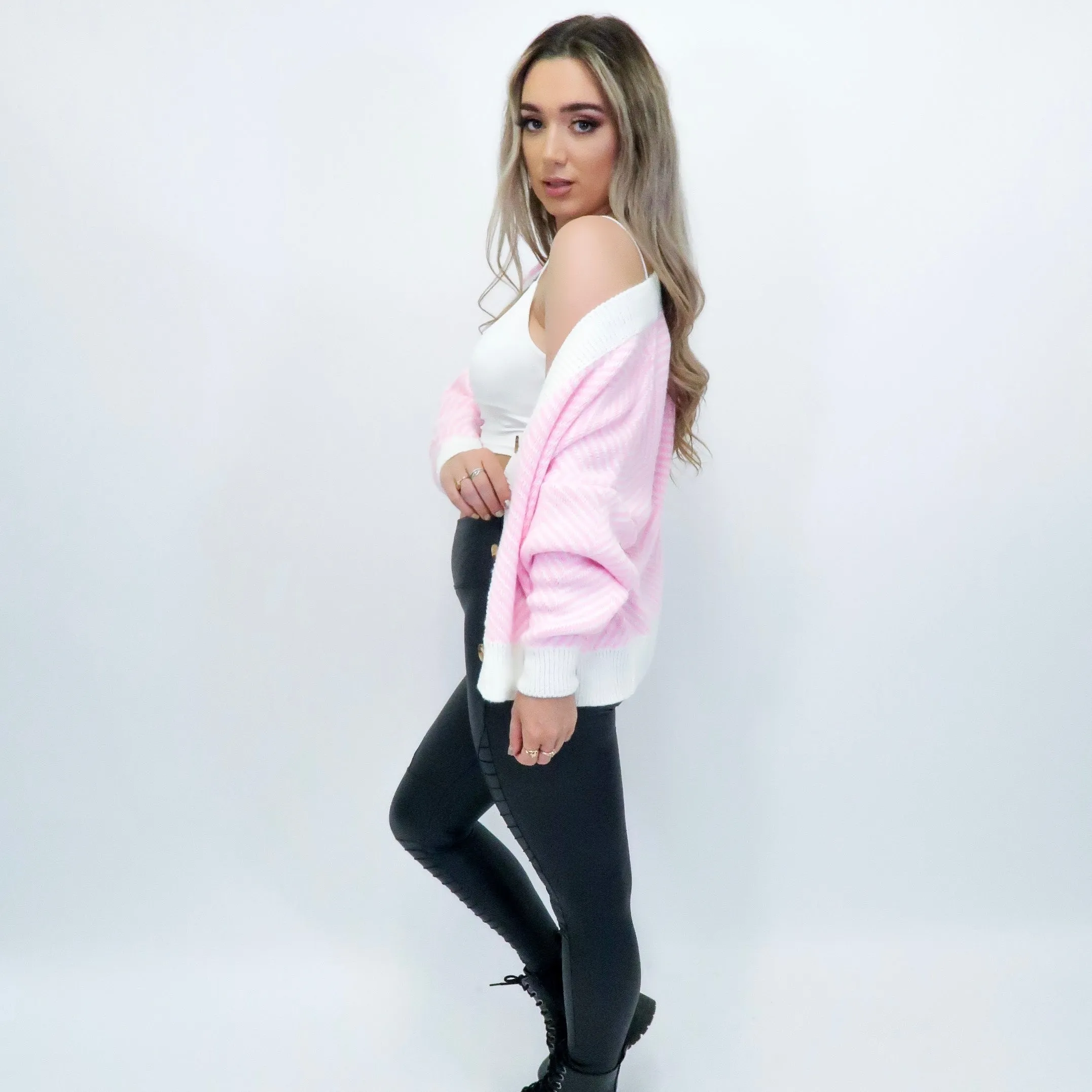 Bonnie Pink Striped Pattern Button Front Long Sleeved Oversized Knitted Cardigan