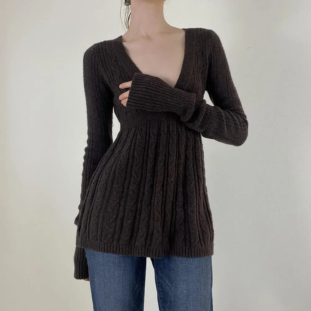 Brown Deep V-Neck Cable Knit Sweater