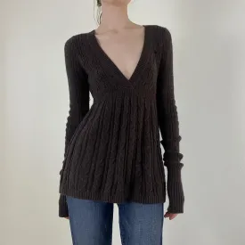 Brown Deep V-Neck Cable Knit Sweater