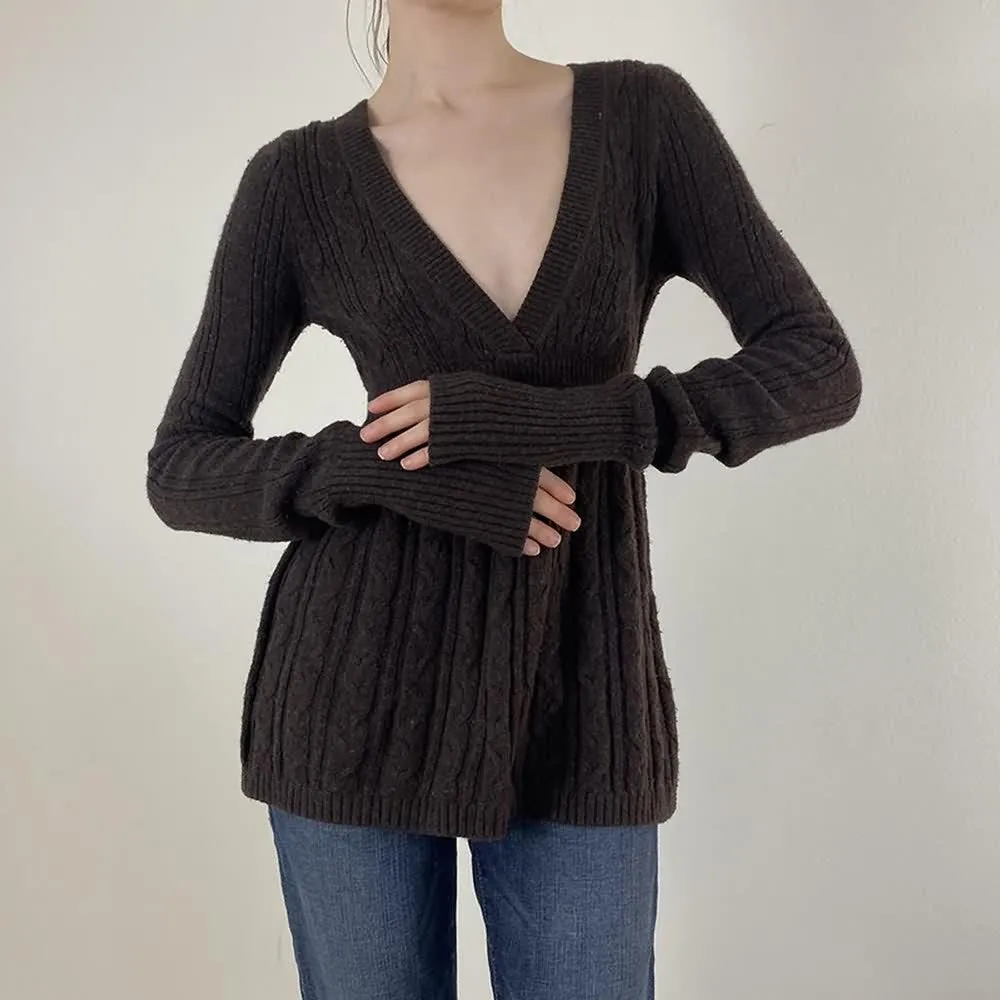 Brown Deep V-Neck Cable Knit Sweater
