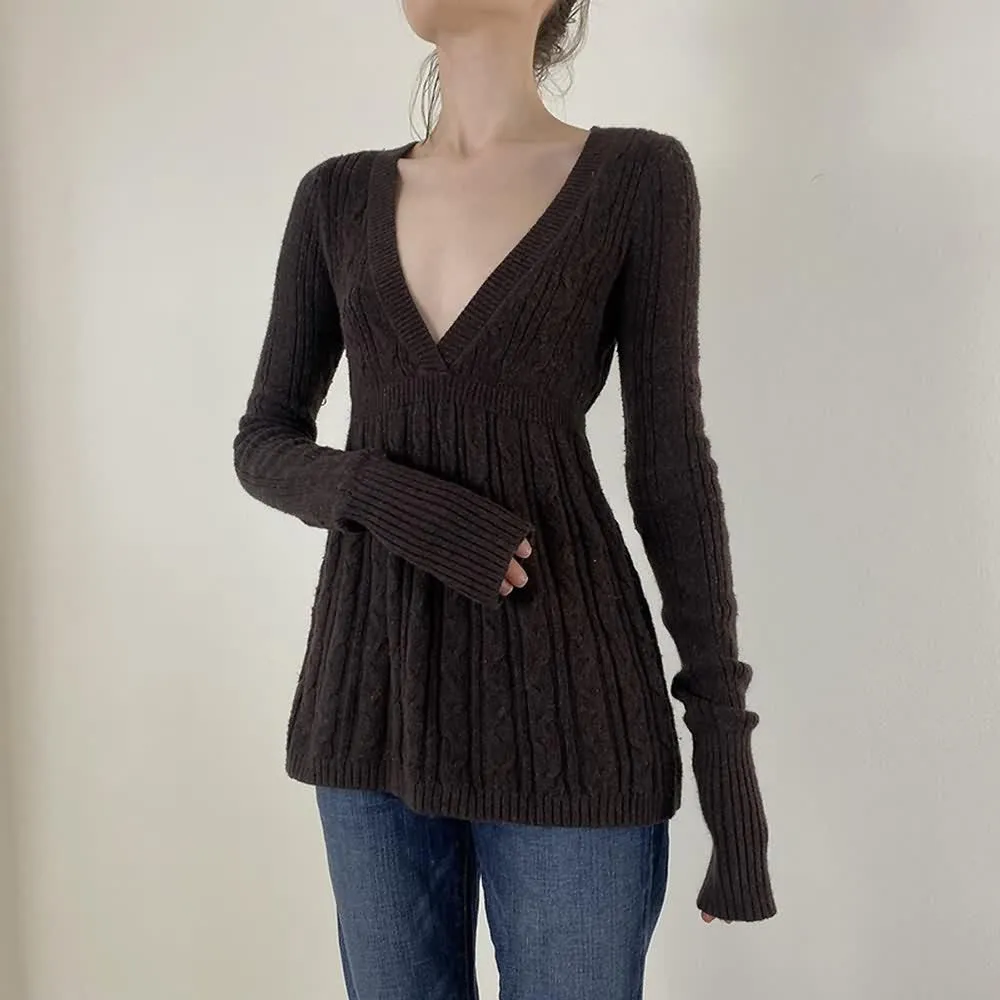 Brown Deep V-Neck Cable Knit Sweater
