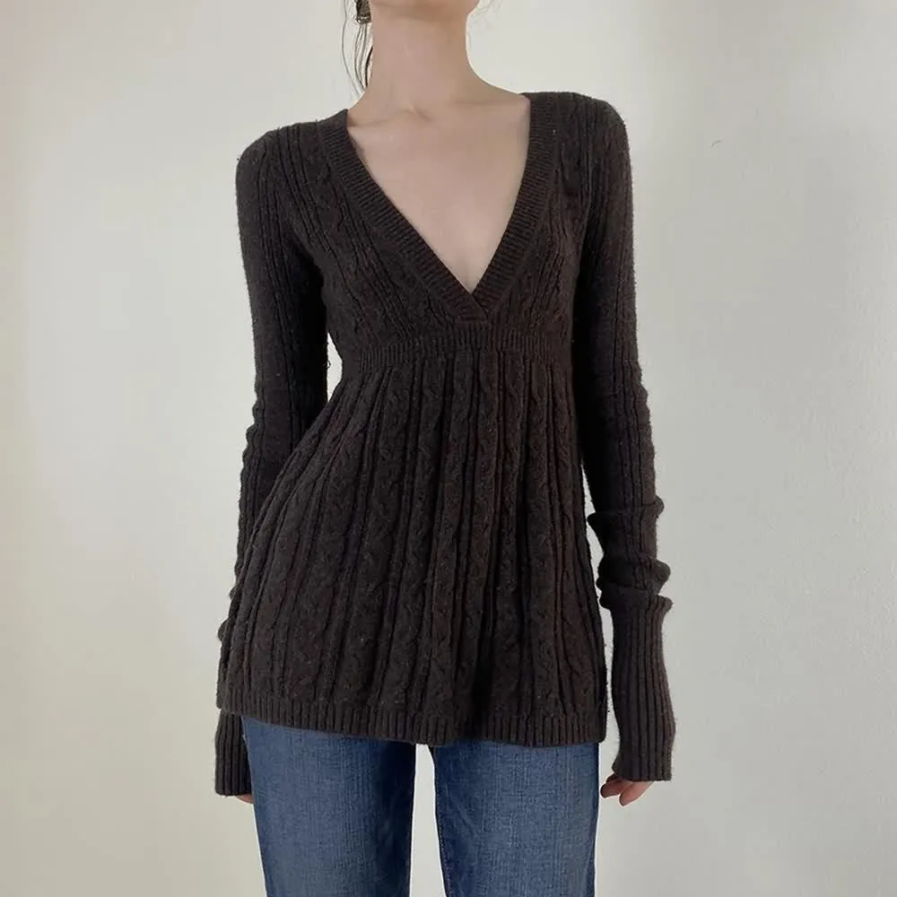 Brown Deep V-Neck Cable Knit Sweater