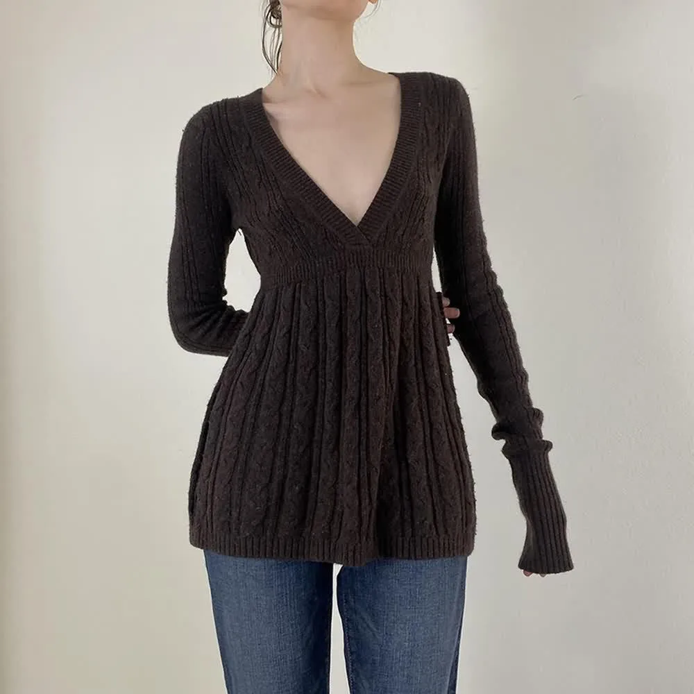 Brown Deep V-Neck Cable Knit Sweater