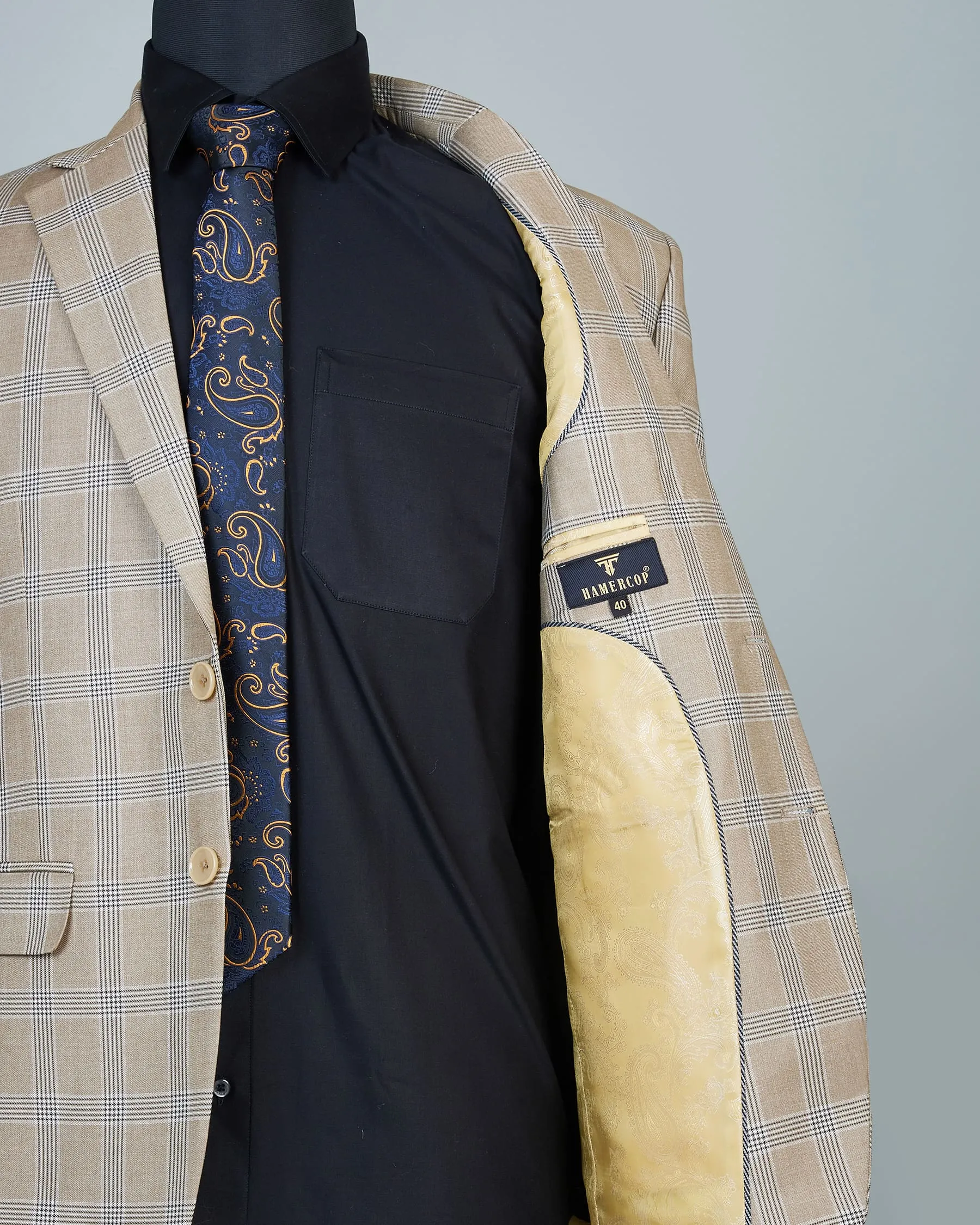 Brownish Grey Windowpane Check Single Breasted Blazer