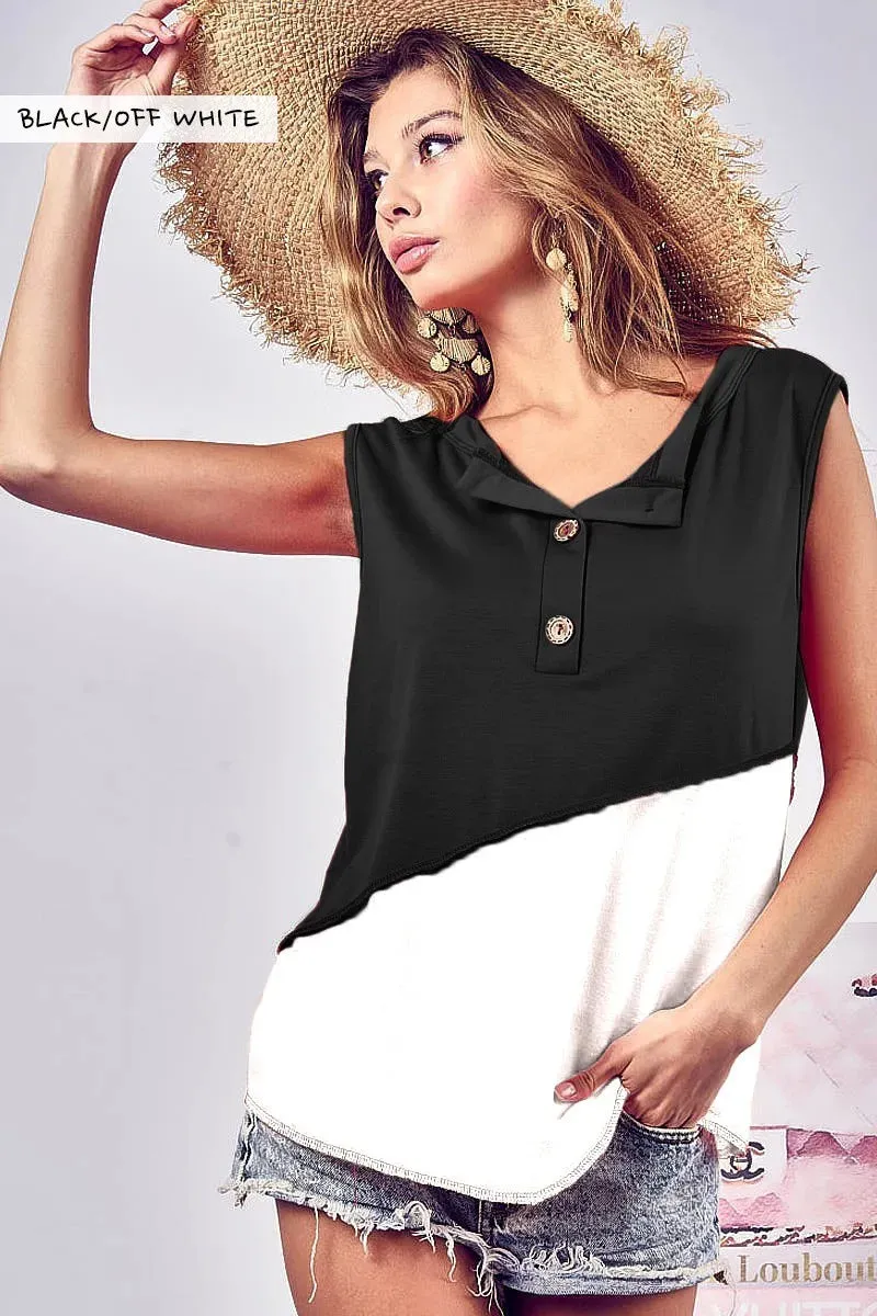 Color Block Contrast Stitching Buttoned Henley Top