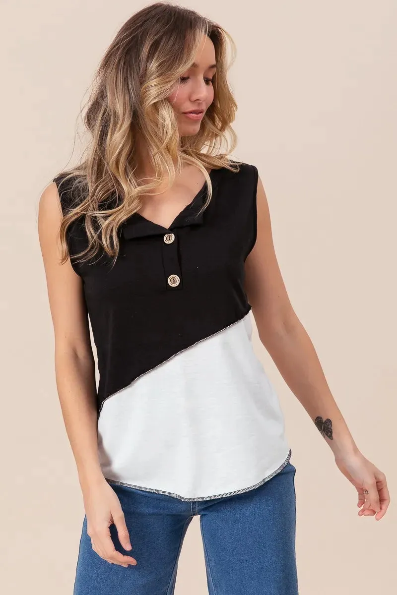 Color Block Contrast Stitching Buttoned Henley Top