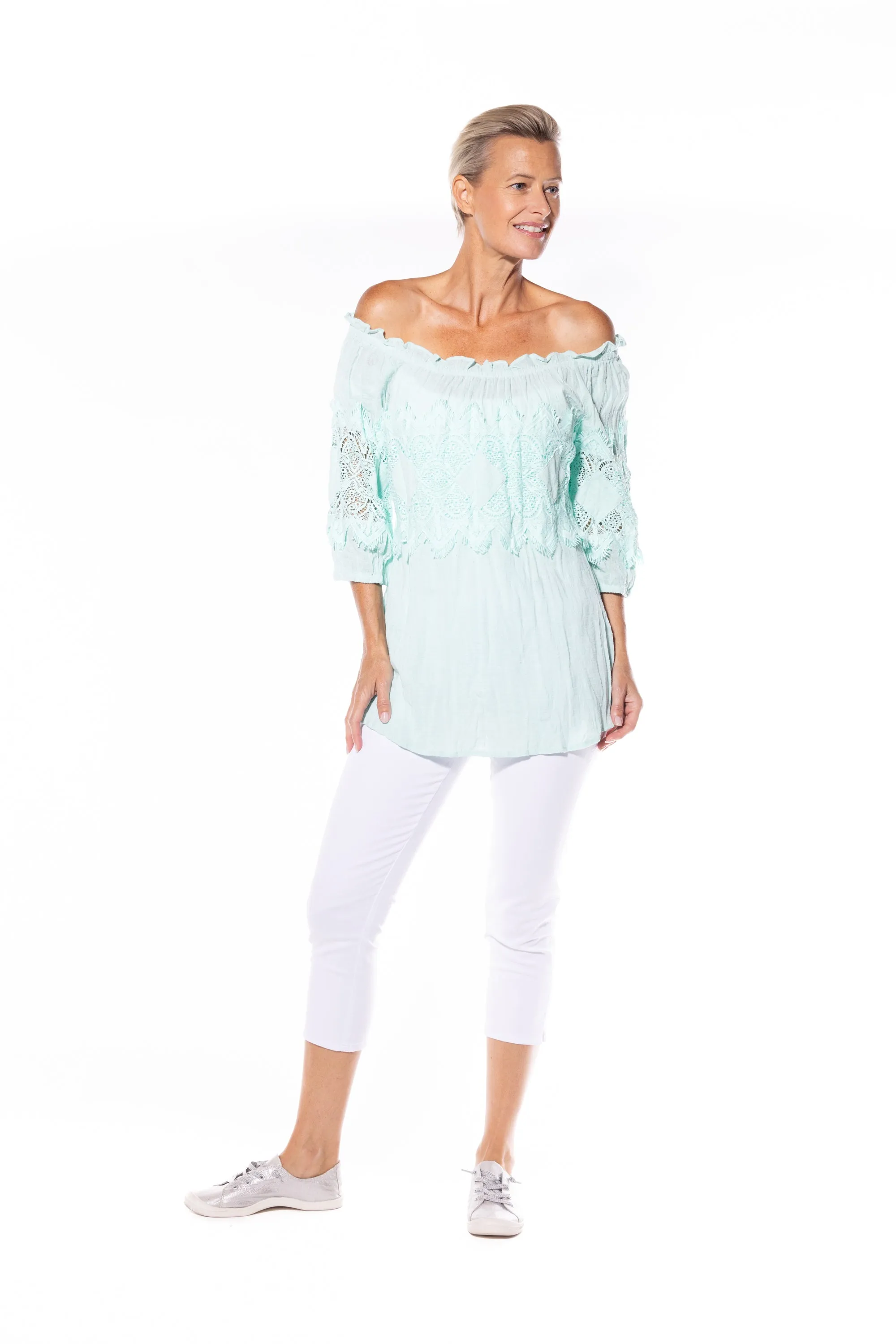 Cotton Peasant Top by Café Latte - Mint