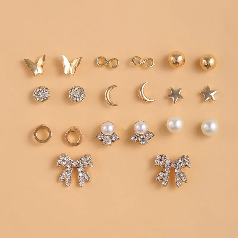 Cubic Zirconia Round Stud Earrings Set For Women Silver Color Crystal
