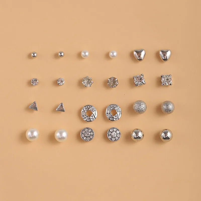 Cubic Zirconia Round Stud Earrings Set For Women Silver Color Crystal
