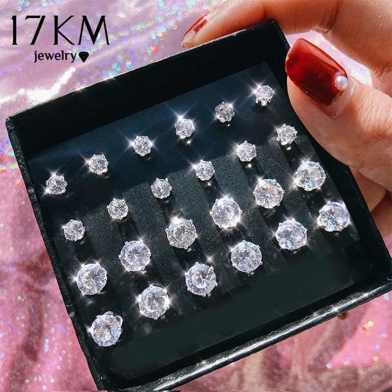 Cubic Zirconia Round Stud Earrings Set For Women Silver Color Crystal
