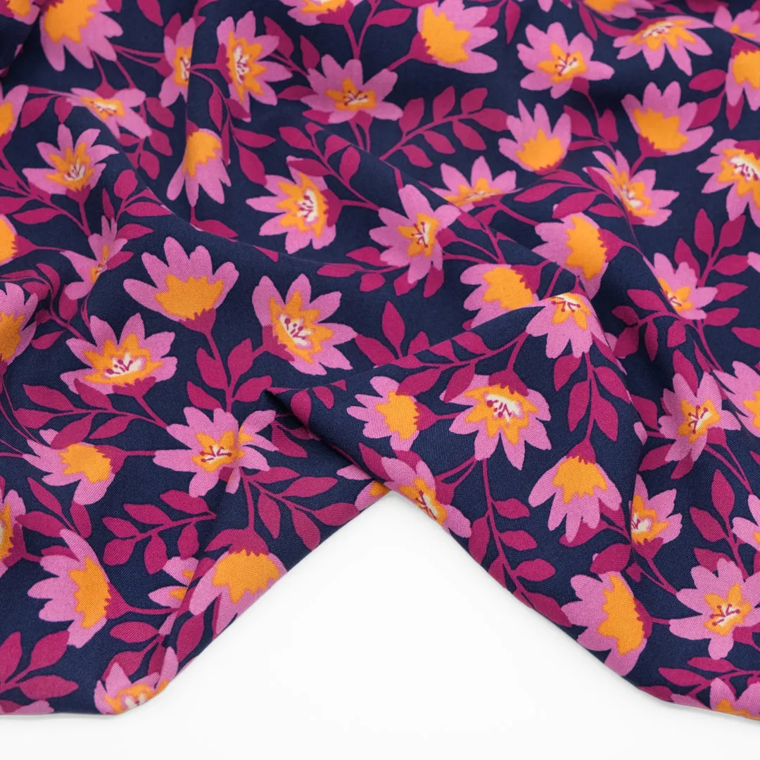 Flowering Vines Rayon Challis - Navy/Magenta