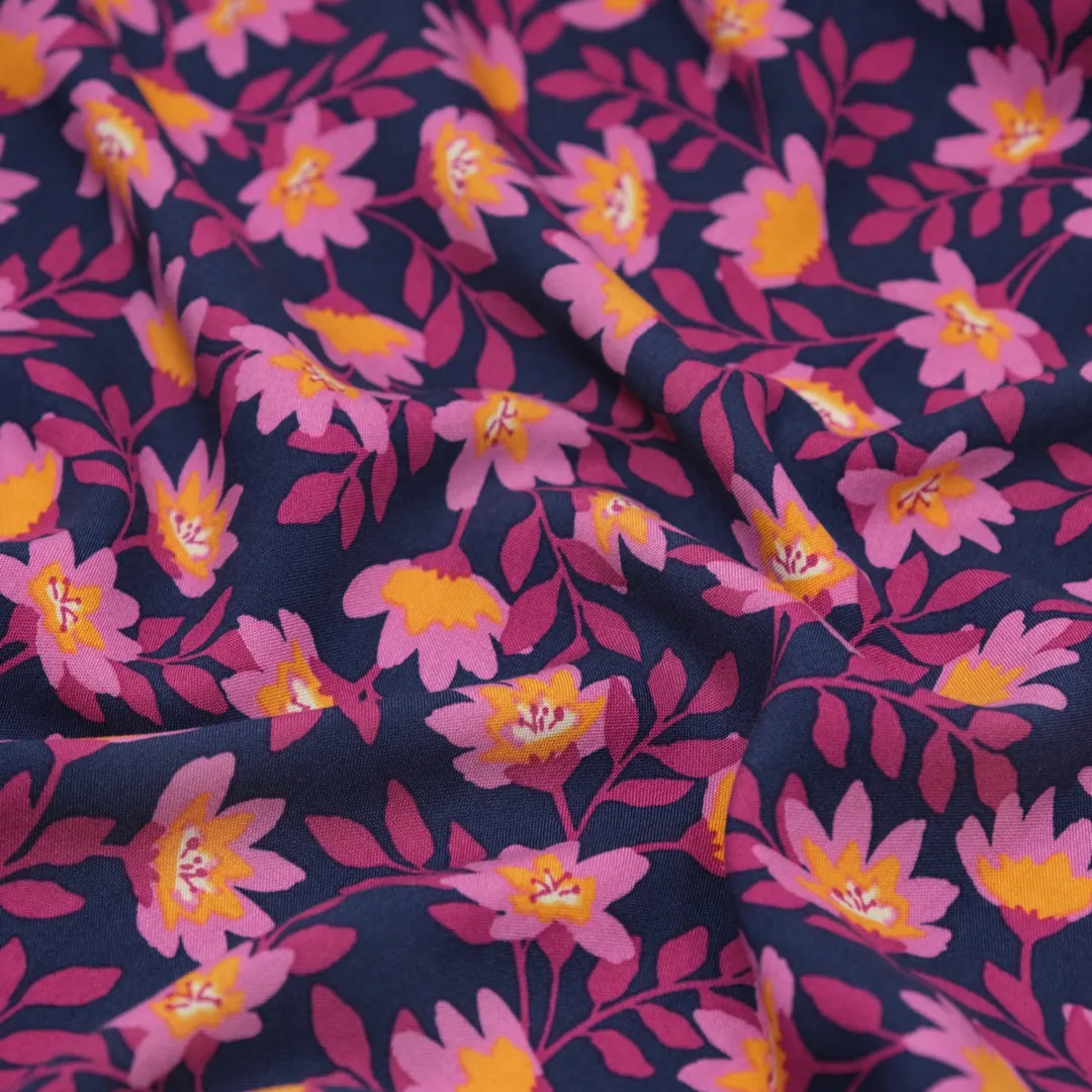 Flowering Vines Rayon Challis - Navy/Magenta