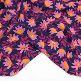 Flowering Vines Rayon Challis - Navy/Magenta