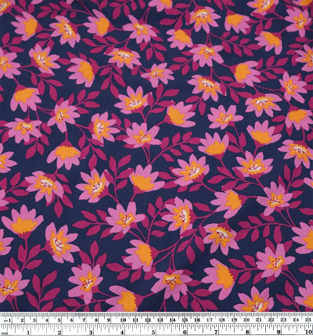 Flowering Vines Rayon Challis - Navy/Magenta