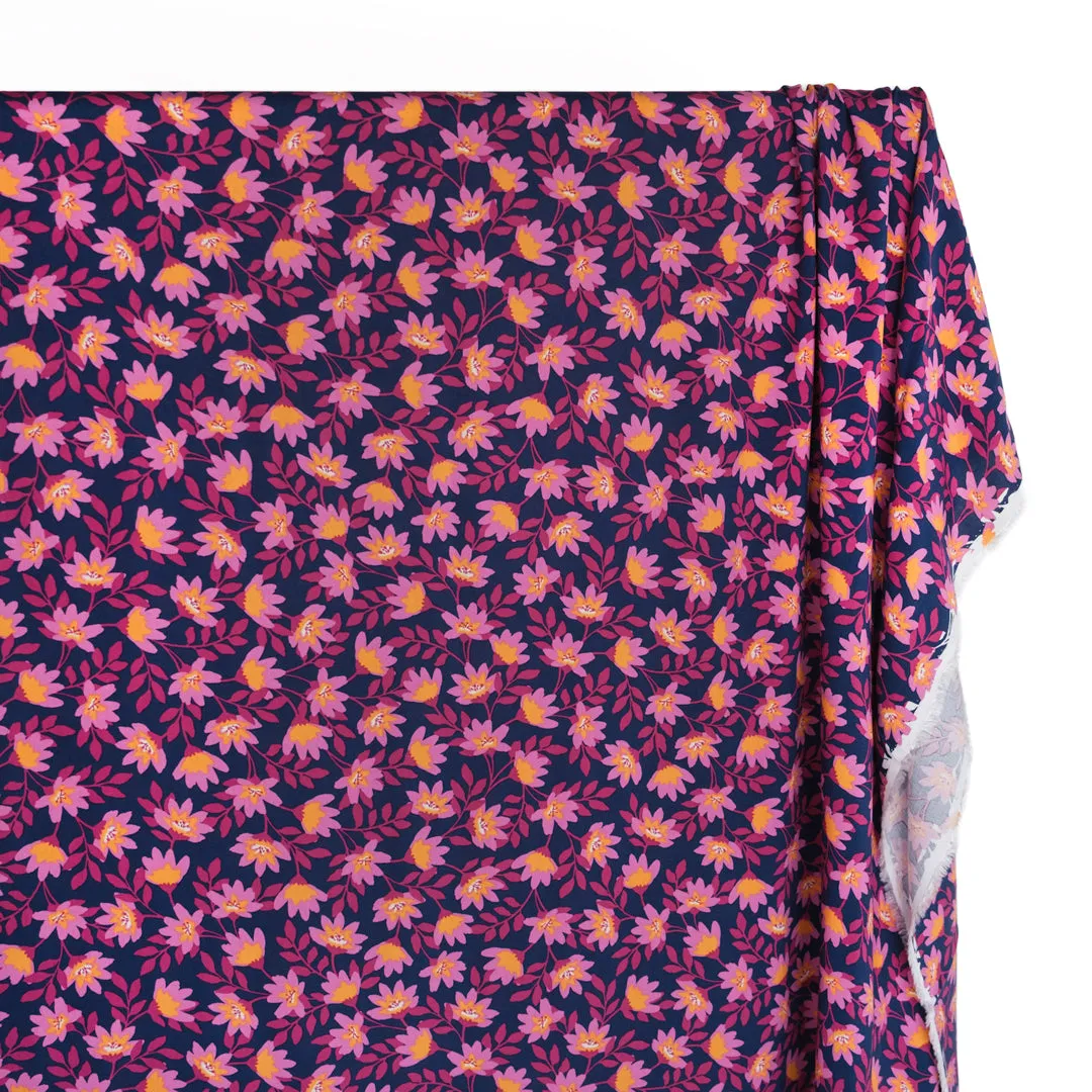 Flowering Vines Rayon Challis - Navy/Magenta