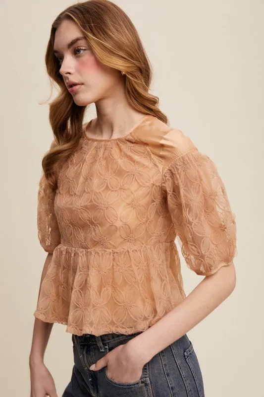 Ginger Floral Embroidered Sheer Peplum Blouse