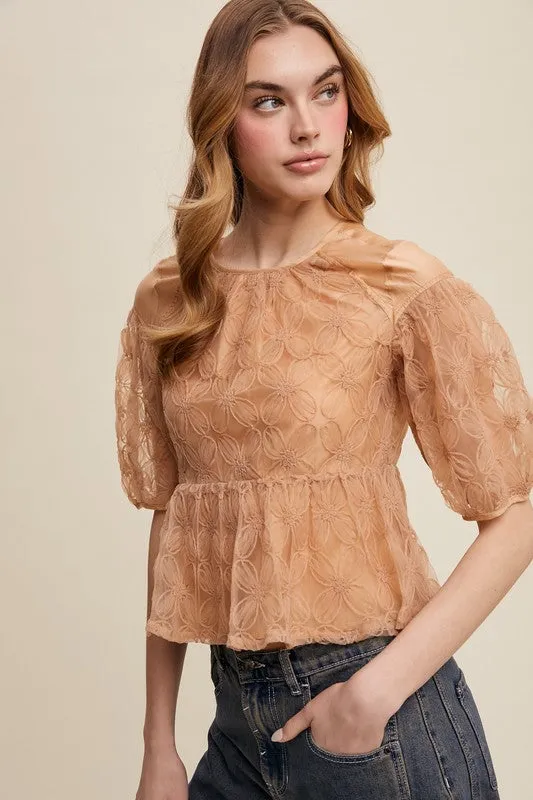 Ginger Floral Embroidered Sheer Peplum Blouse