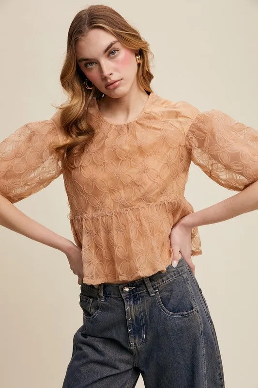 Ginger Floral Embroidered Sheer Peplum Blouse