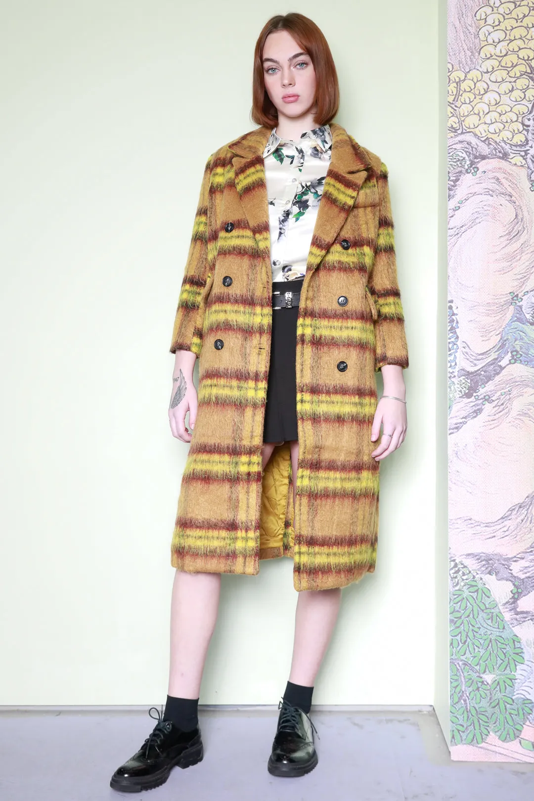 Heavy Wool Yellow Stripe Plaid Coat