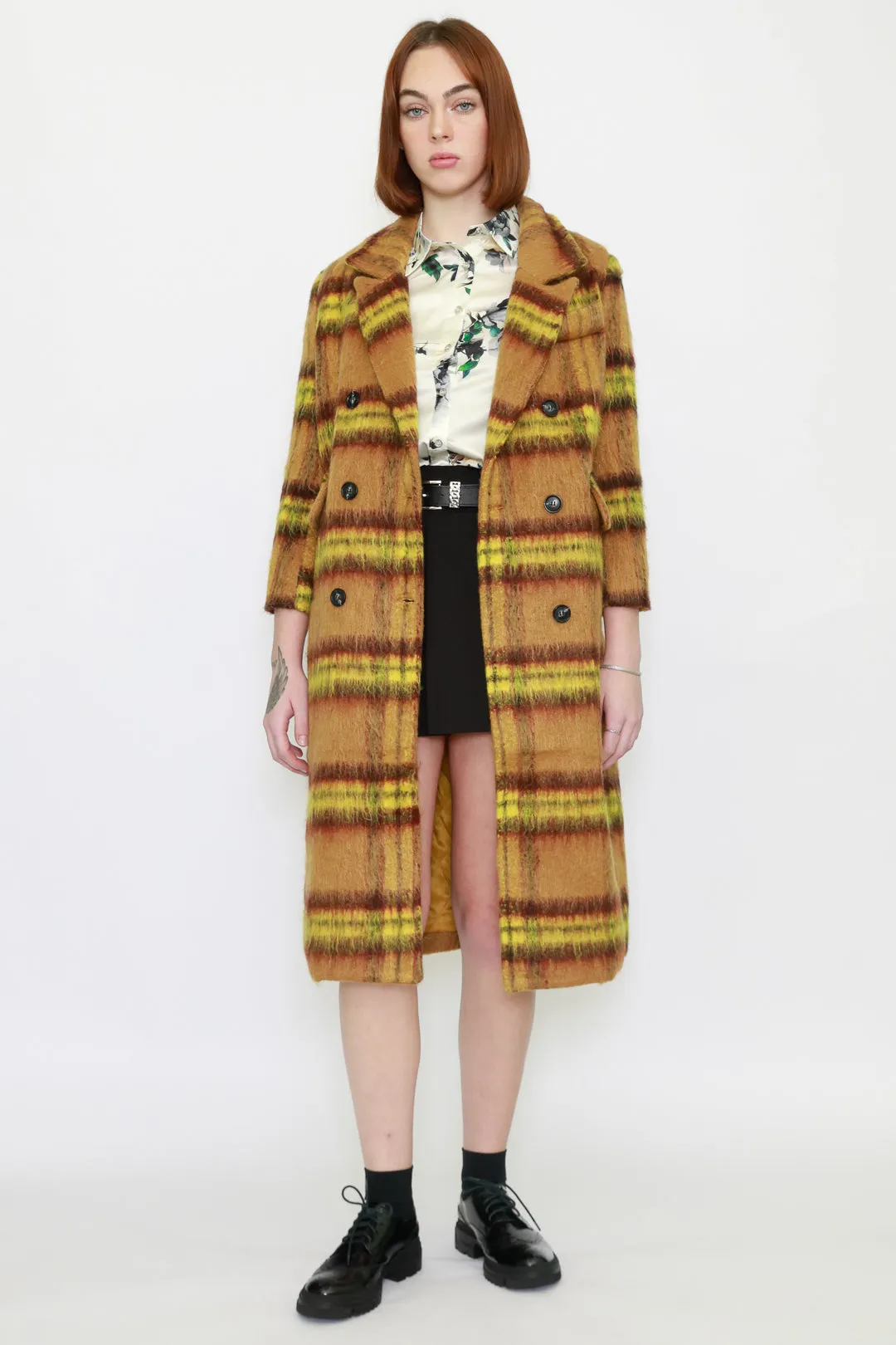 Heavy Wool Yellow Stripe Plaid Coat