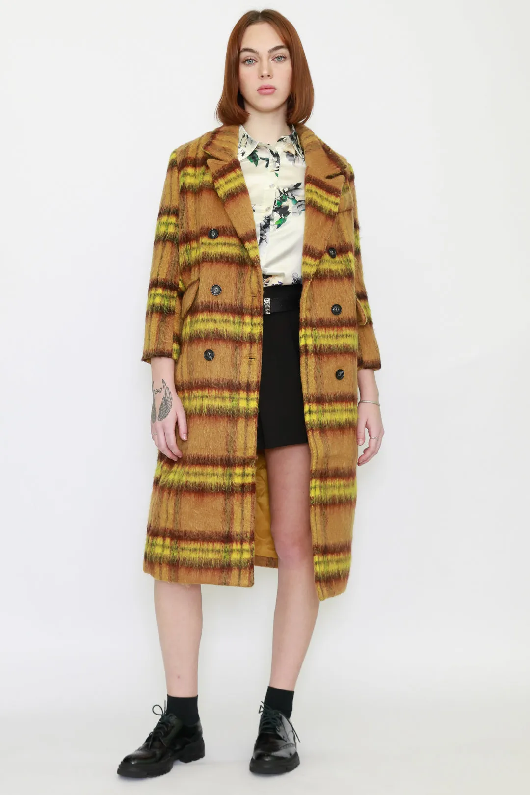 Heavy Wool Yellow Stripe Plaid Coat