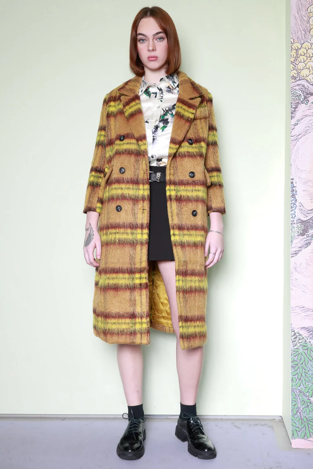 Heavy Wool Yellow Stripe Plaid Coat