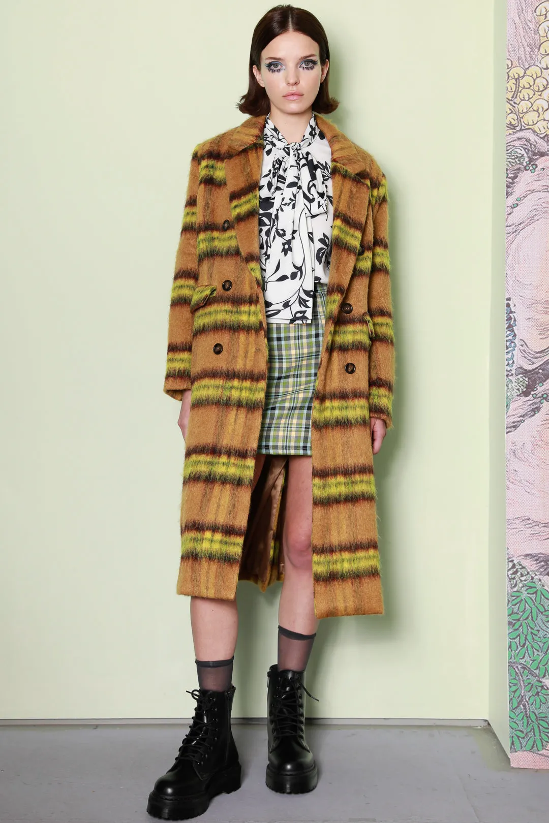 Heavy Wool Yellow Stripe Plaid Coat