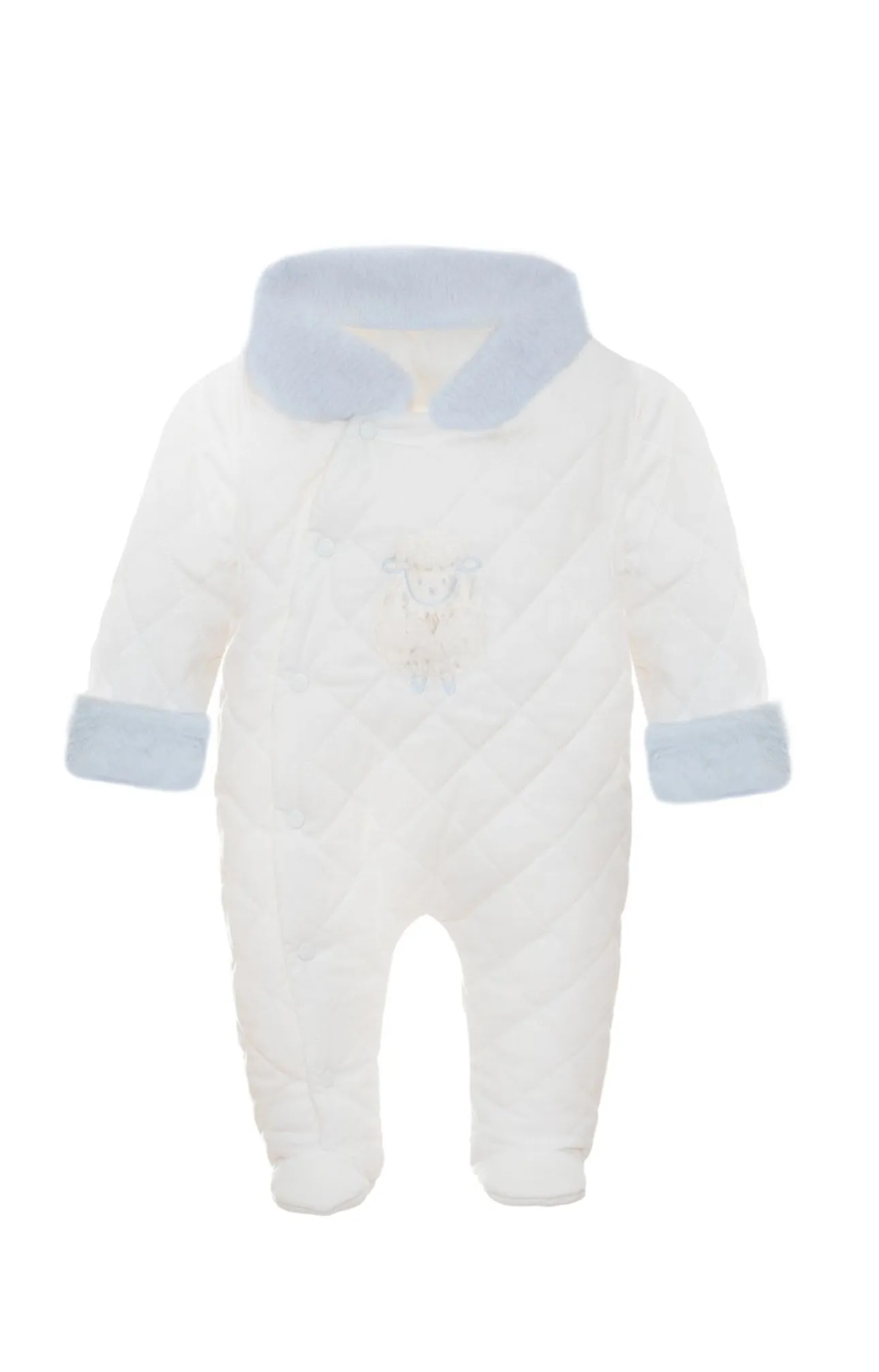 Ivory/Baby Blue fur Quilted Cotton Pramsuit.