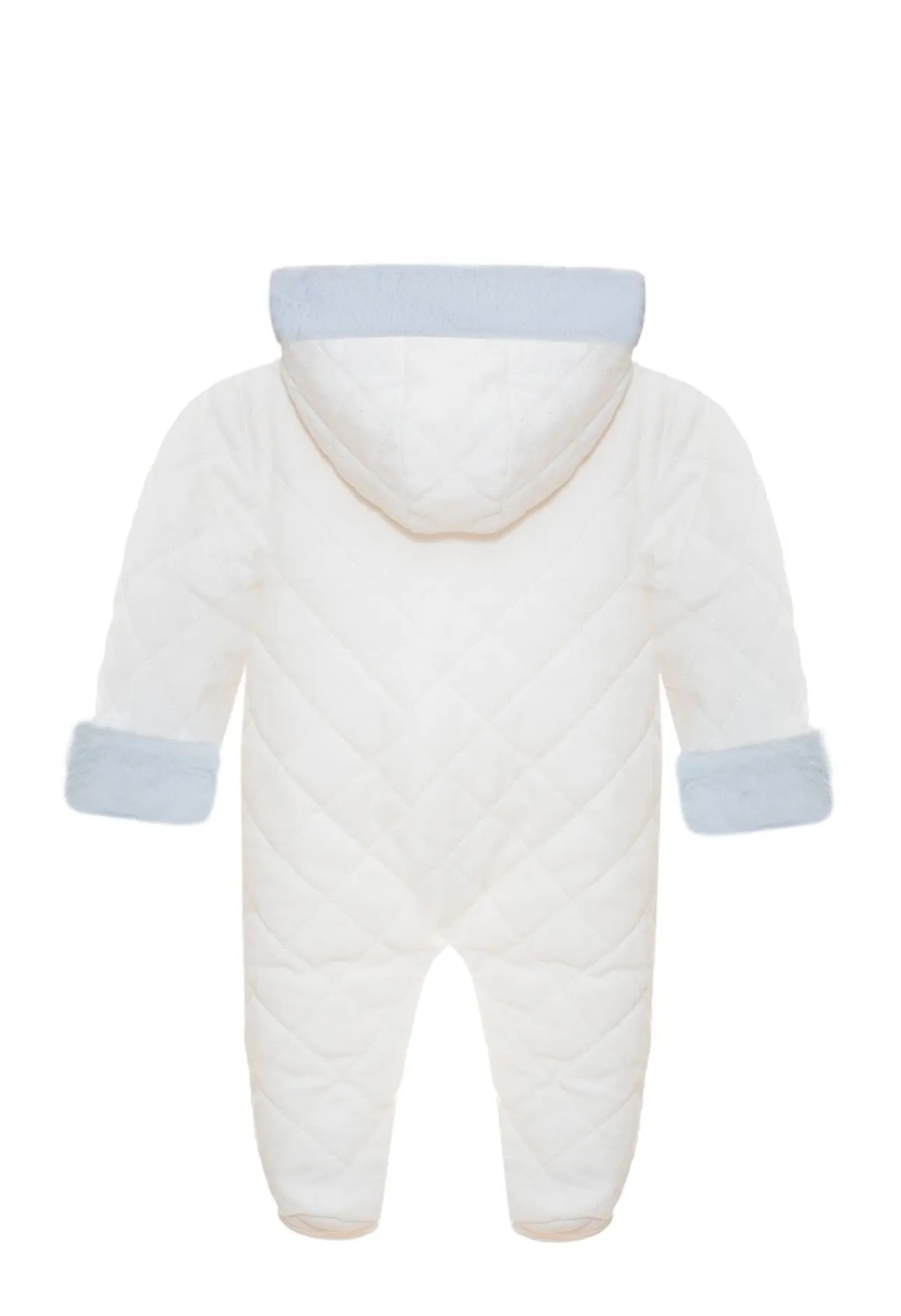Ivory/Baby Blue fur Quilted Cotton Pramsuit.