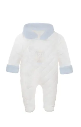 Ivory/Baby Blue fur Quilted Cotton Pramsuit.