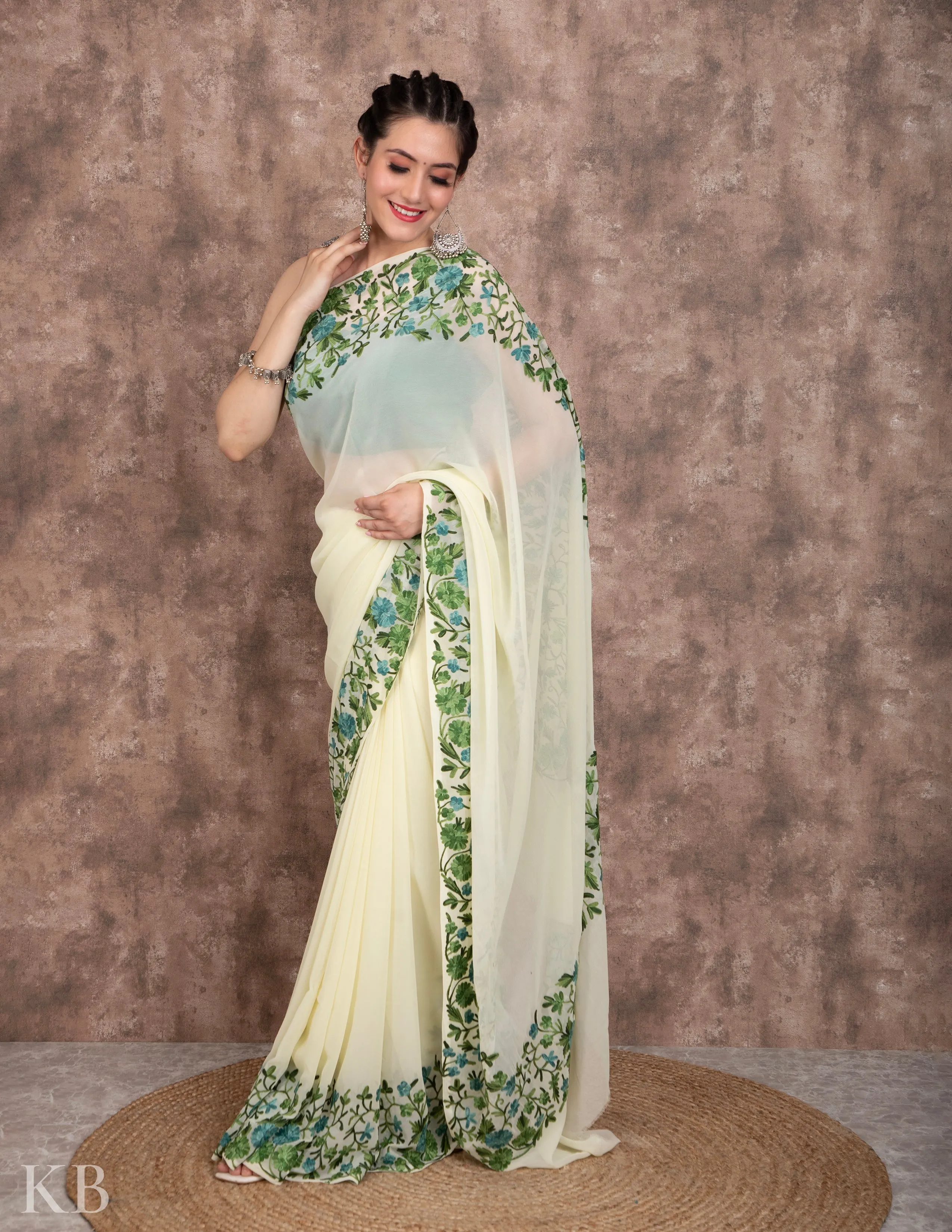 Lemon Yellow Flowery Vine Aari Georgette Saree