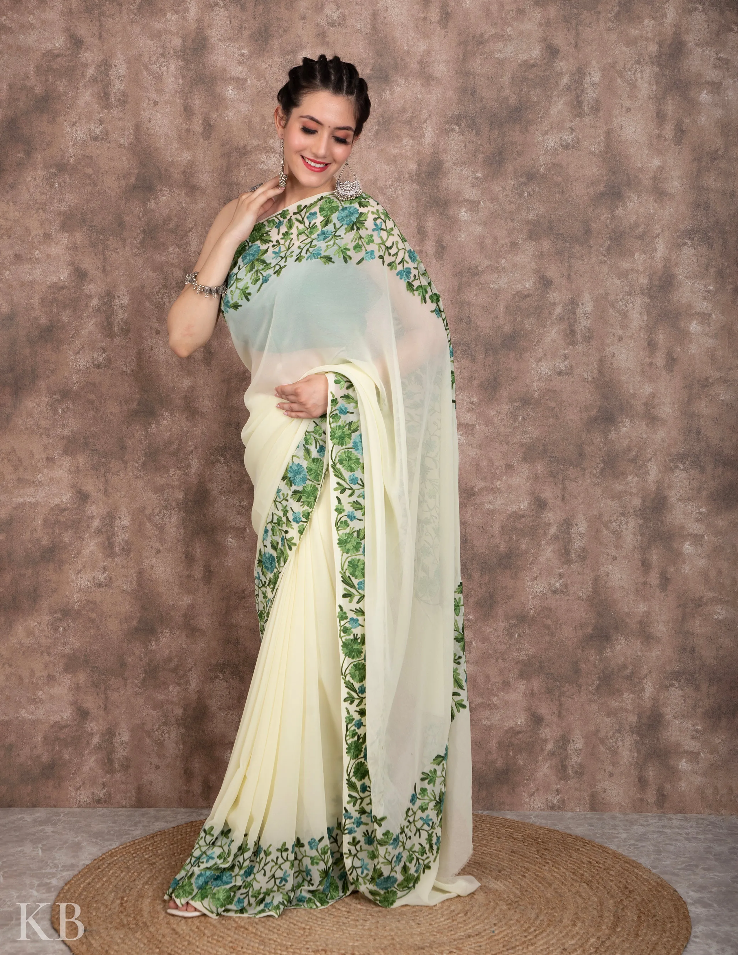 Lemon Yellow Flowery Vine Aari Georgette Saree