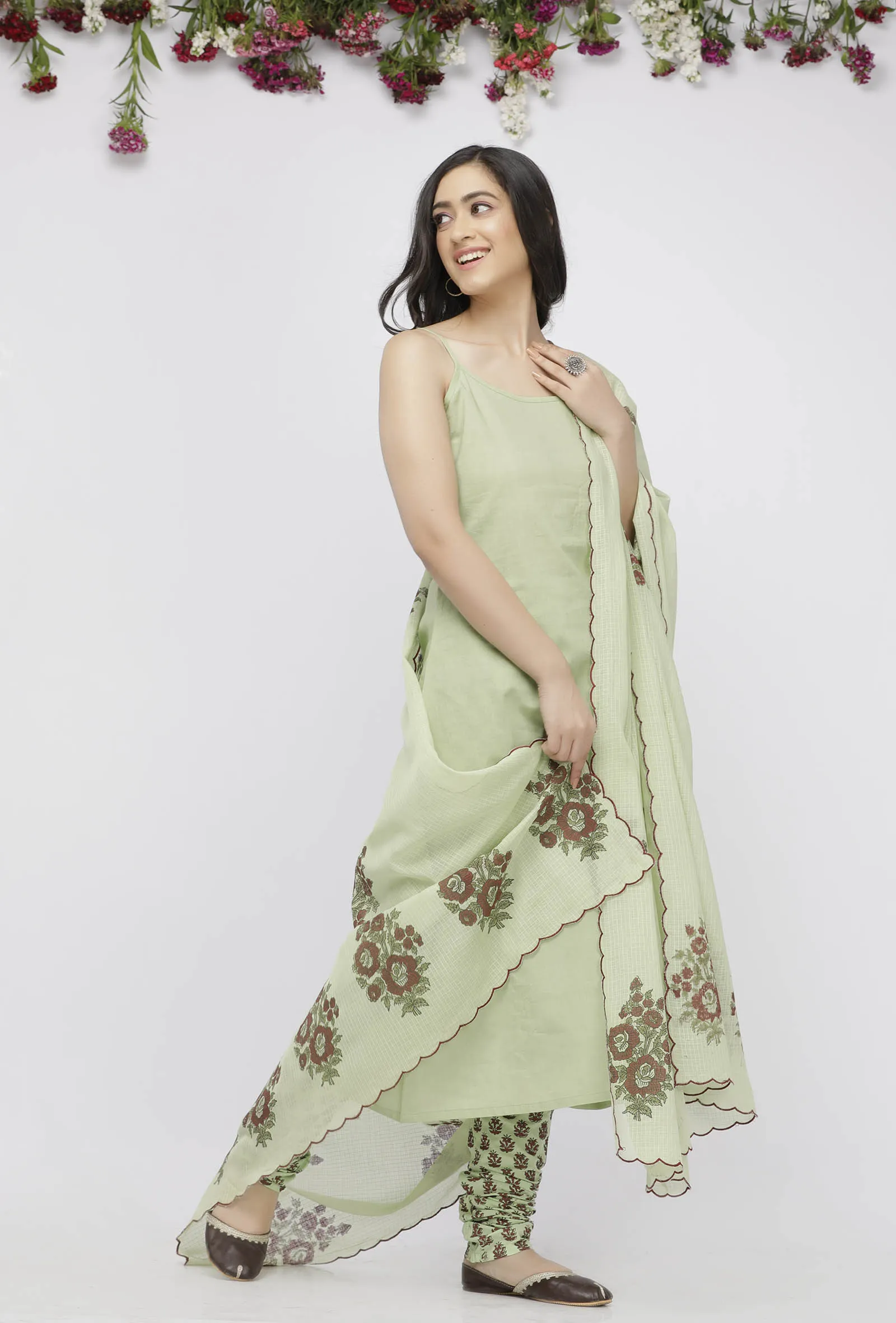 Light Green Kota Hand-Block Printed Dupatta with a scalping finish