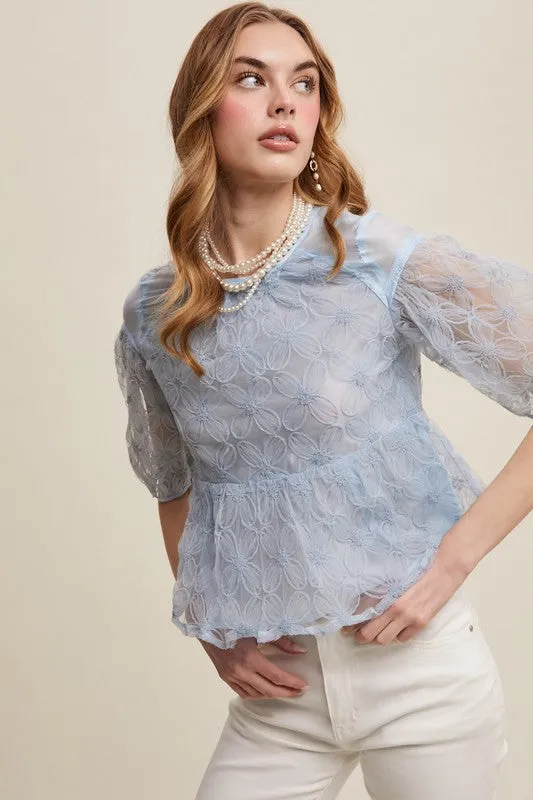 Misty Blue Floral Embroidered Sheer Peplum Blouse