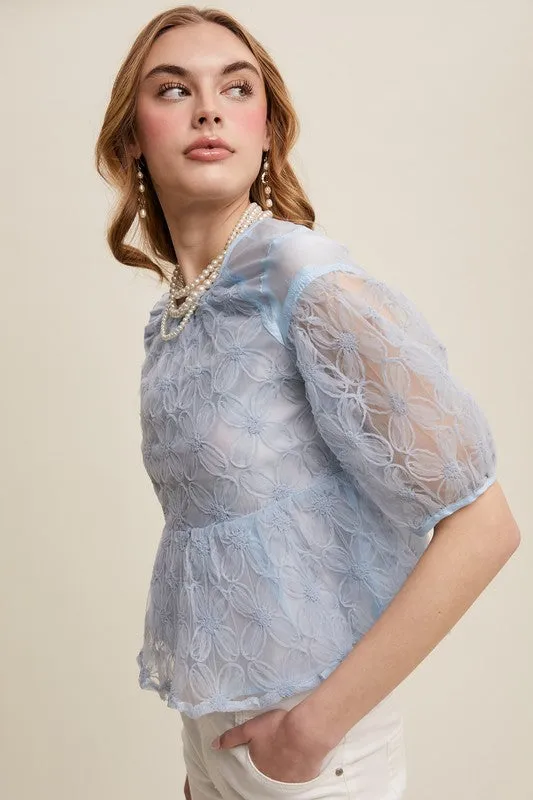 Misty Blue Floral Embroidered Sheer Peplum Blouse