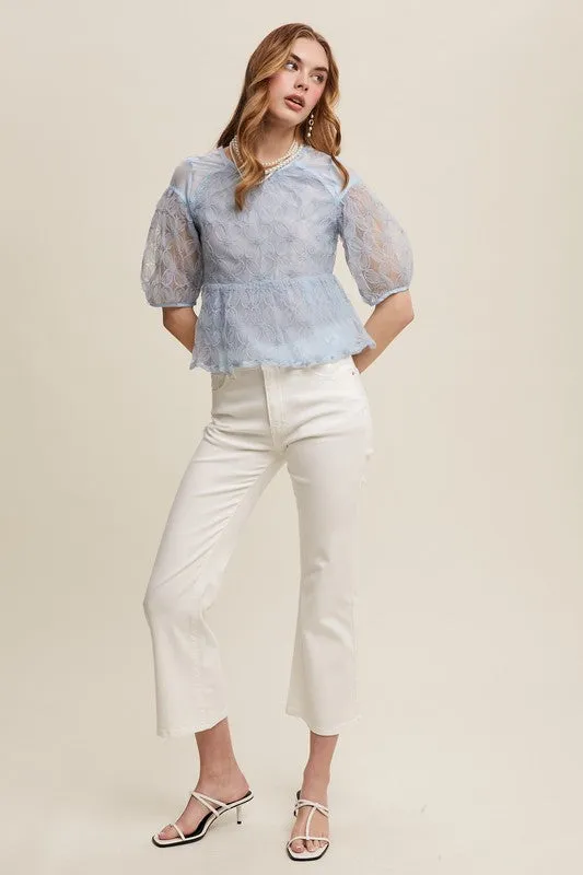 Misty Blue Floral Embroidered Sheer Peplum Blouse