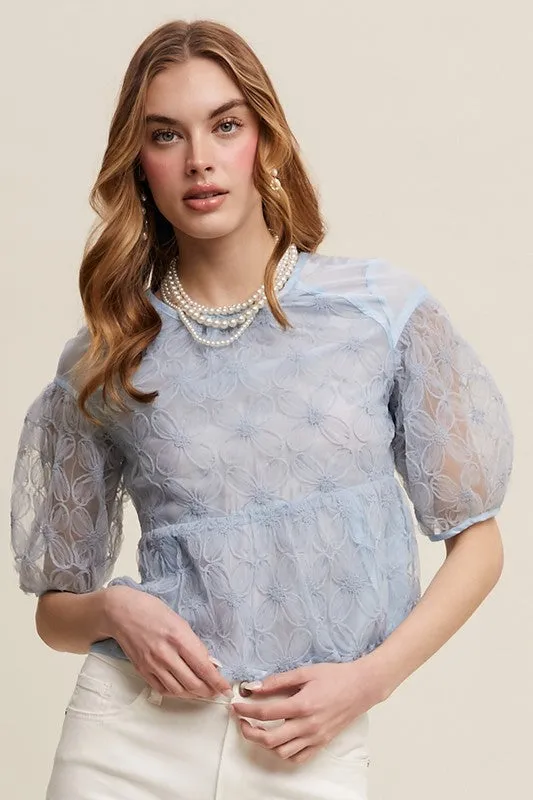 Misty Blue Floral Embroidered Sheer Peplum Blouse