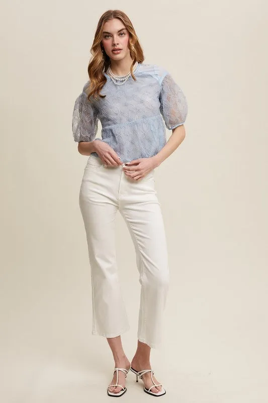Misty Blue Floral Embroidered Sheer Peplum Blouse