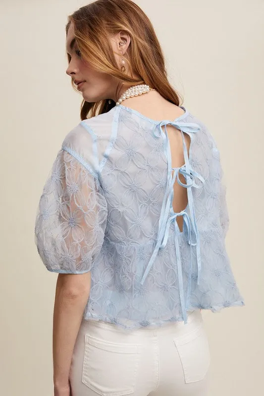 Misty Blue Floral Embroidered Sheer Peplum Blouse